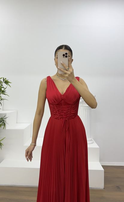 Kırmızı Korse Detay Pliseli Abiye Tulum e