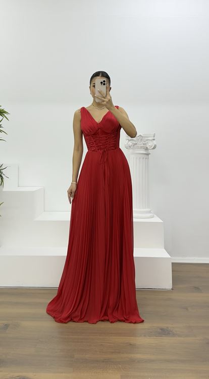 Kırmızı Korse Detay Pliseli Abiye Tulum e