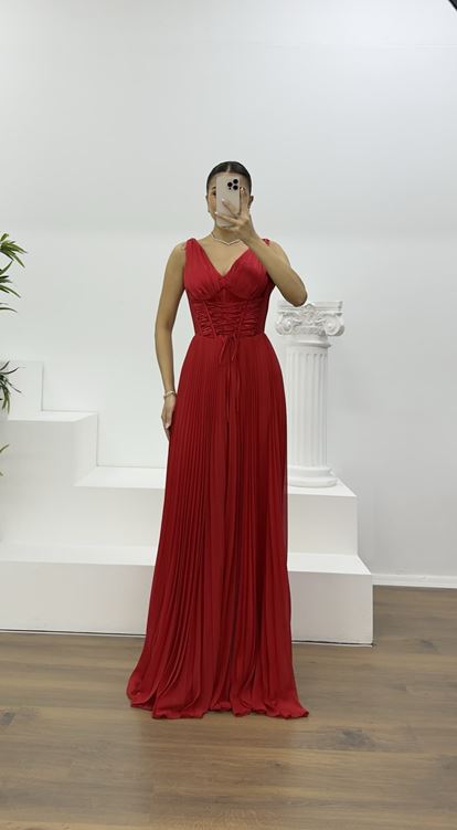 Kırmızı Korse Detay Pliseli Abiye Tulum e