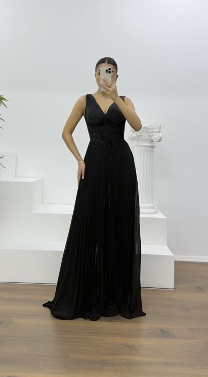 Siyah Korse Detay Pliseli Abiye Tulum