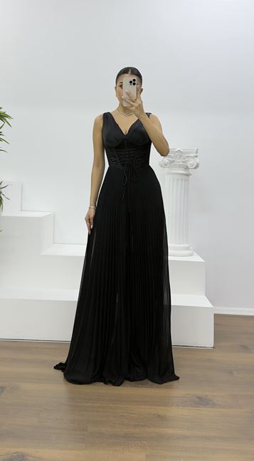 Siyah Korse Detay Pliseli Abiye Tulum