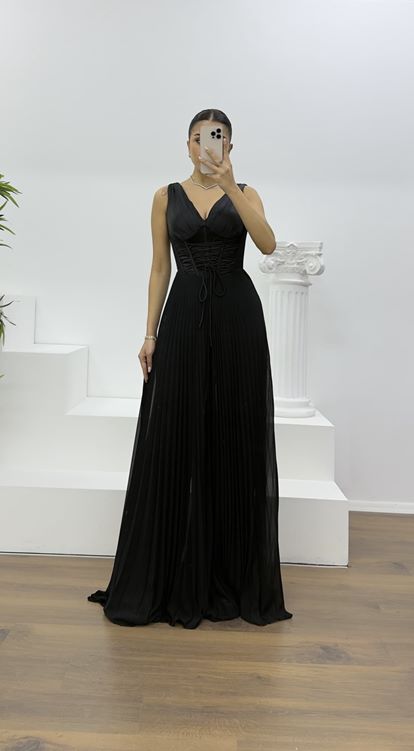 Siyah Korse Detay Pliseli Abiye Tulum