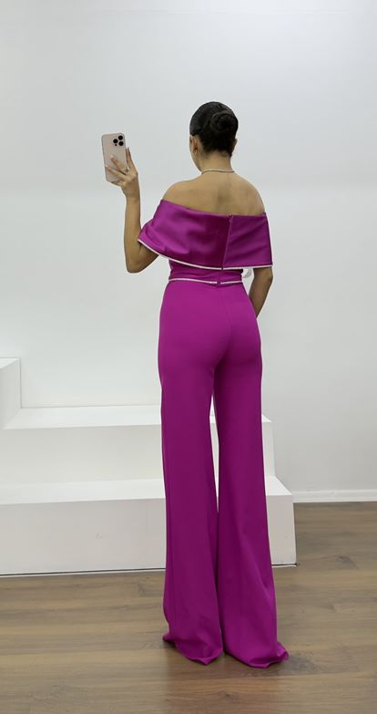 Fuşya Kayık Yaka Taş Detay Abiye Tulum