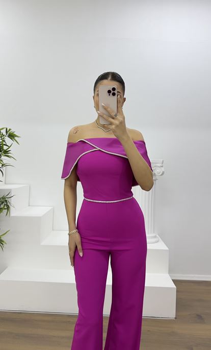 Fuşya Kayık Yaka Taş Detay Abiye Tulum