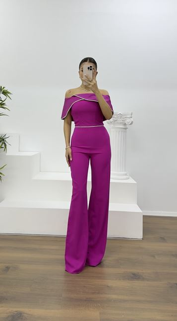 Fuşya Kayık Yaka Taş Detay Abiye Tulum