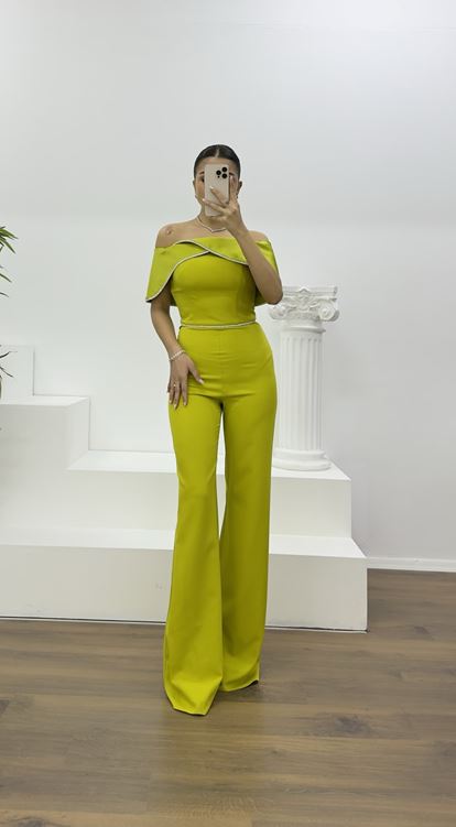 Fıstık Yeşili Kayık Yaka Taş Detay Abiye Tulum