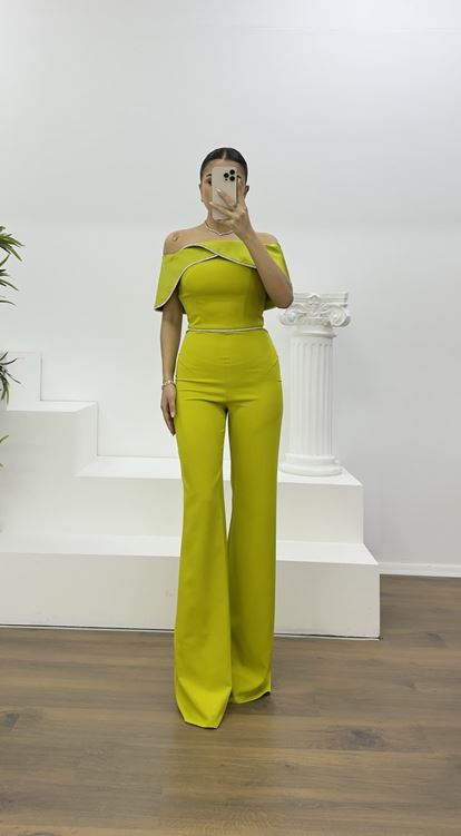 Fıstık Yeşili Kayık Yaka Taş Detay Abiye Tulum