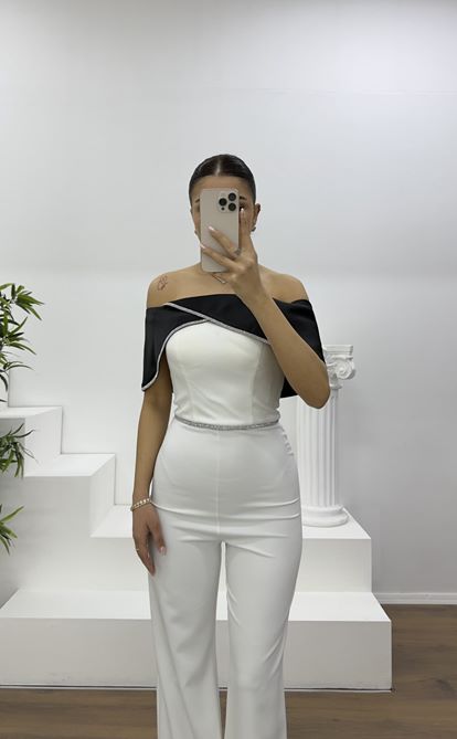 Siyah Kemik Kayık Yaka Taş Detay Abiye Tulum