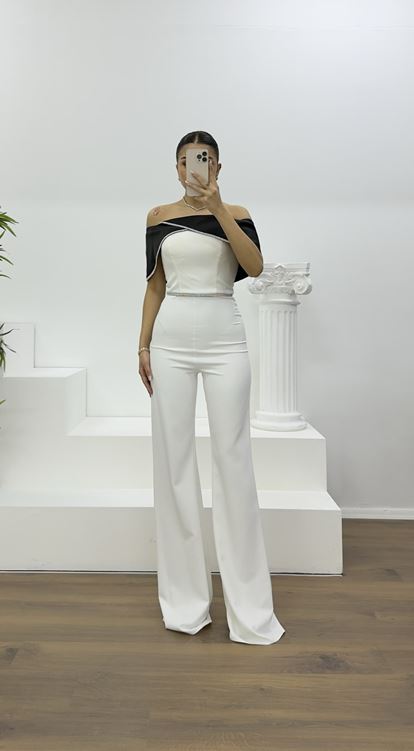 Siyah Kemik Kayık Yaka Taş Detay Abiye Tulum