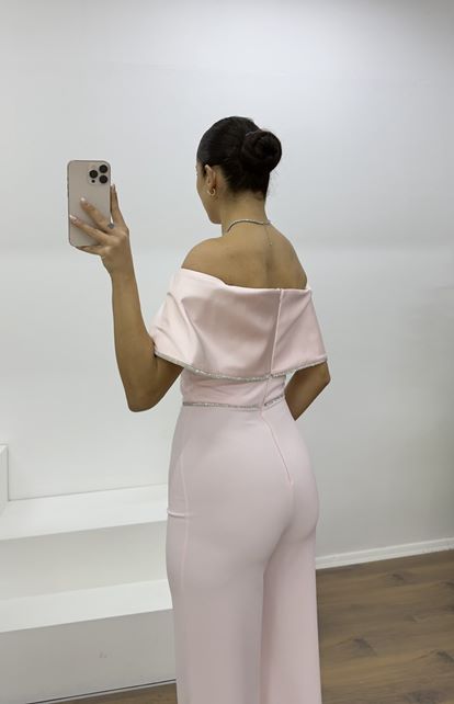 Pudra Kayık Yaka Taş Detay Abiye Tulum