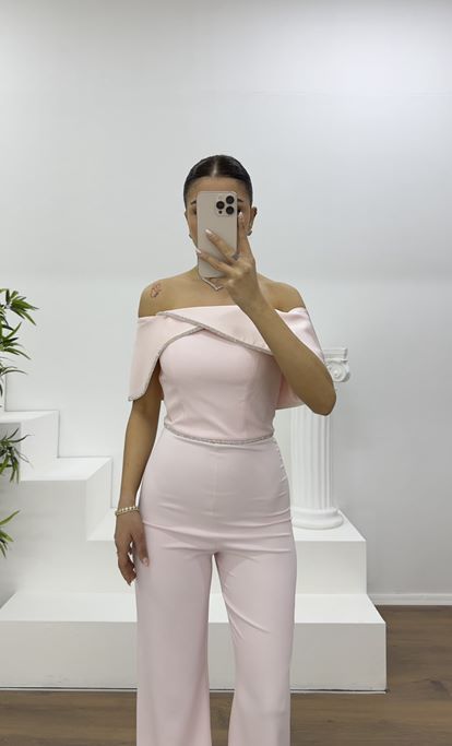 Pudra Kayık Yaka Taş Detay Abiye Tulum