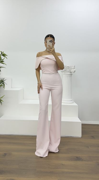 Pudra Kayık Yaka Taş Detay Abiye Tulum