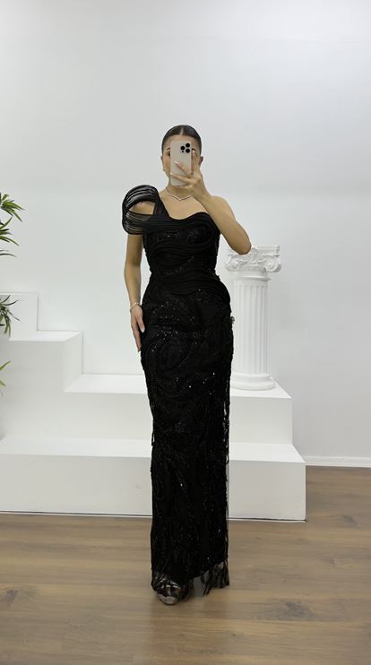 Abito tubino nero senza spalline con decorazioni in pietra