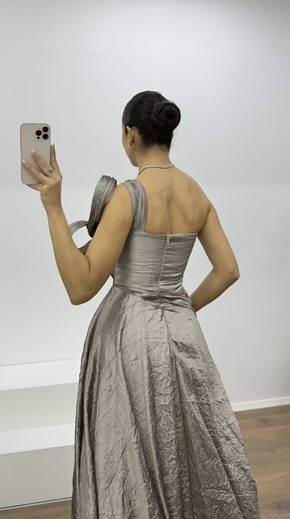 Mink One-Shoulder Taffeta Evening Dress