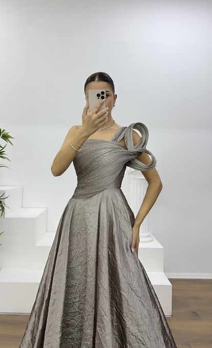 Mink One-Shoulder Taffeta Evening Dress