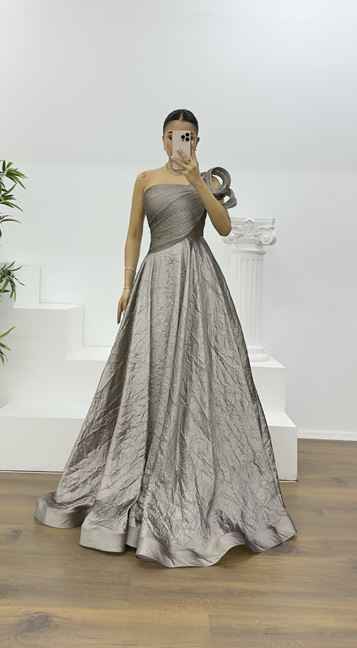 Mink One-Shoulder Taffeta Evening Dress