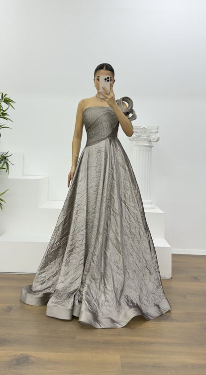 Mink One-Shoulder Taffeta Evening Dress