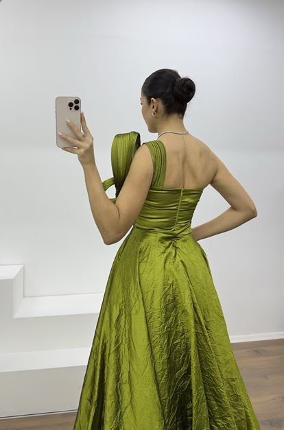 Haki Tek Omuz Tafta Abiye Elbise