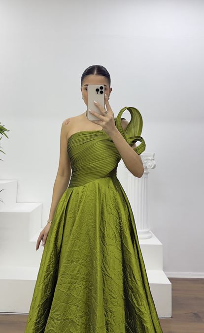 Haki Tek Omuz Tafta Abiye Elbise