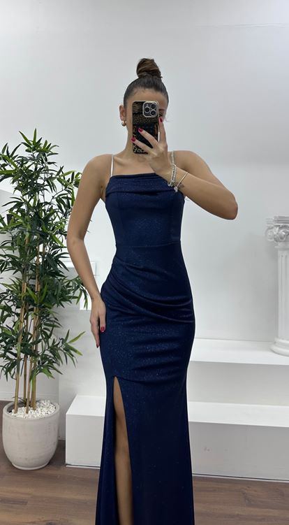 Lacivert Simli İp Askılı Abiye Elbise