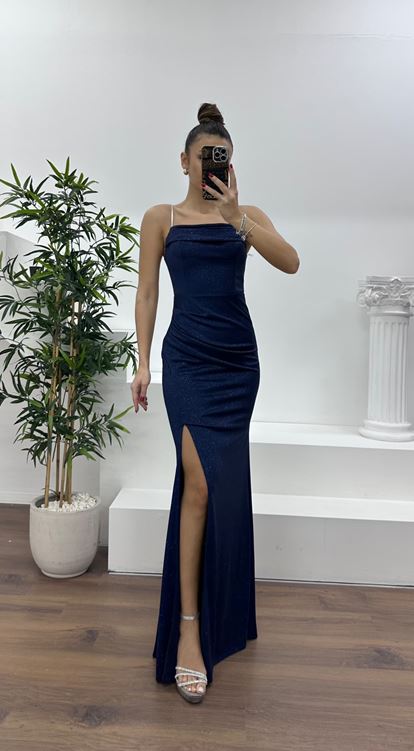 Lacivert Simli İp Askılı Abiye Elbise