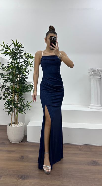 Lacivert Simli İp Askılı Abiye Elbise