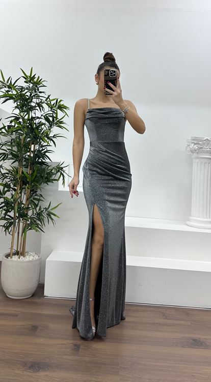 Gümüş Simli İp Askılı Abiye Elbise