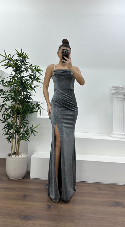 Gümüş Simli İp Askılı Abiye Elbise