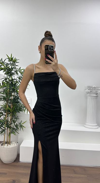 Siyah Simli İp Askılı Abiye Elbise