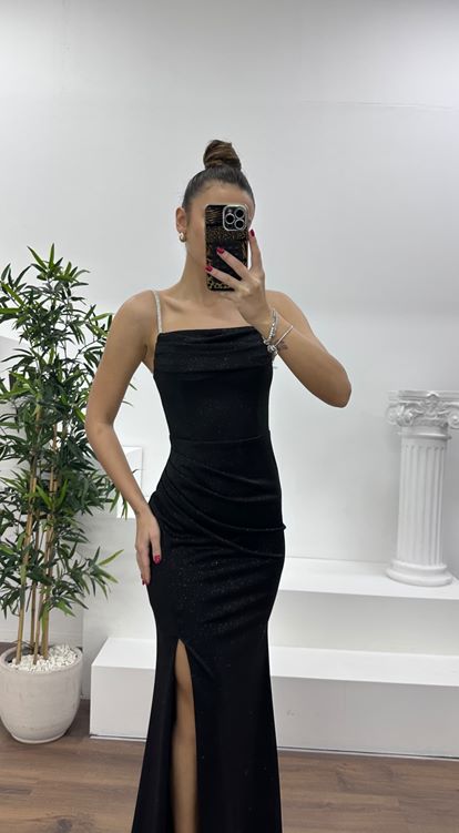 Siyah Simli İp Askılı Abiye Elbise