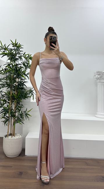 Powder Pink Glittery Strappy Evening Dress