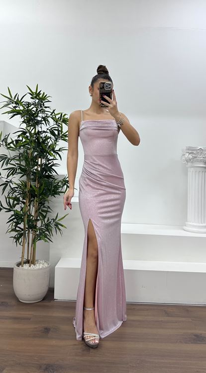 Pudra Simli İp Askılı Abiye Elbise