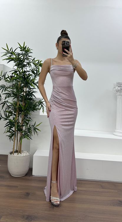 Pudra Simli İp Askılı Abiye Elbise