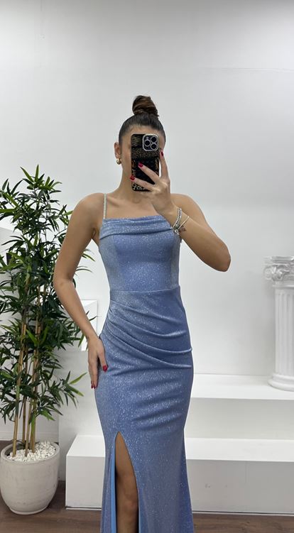 İndigo Simli İp Askılı Abiye Elbise