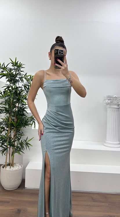 Mint Simli İp Askılı Abiye Elbise