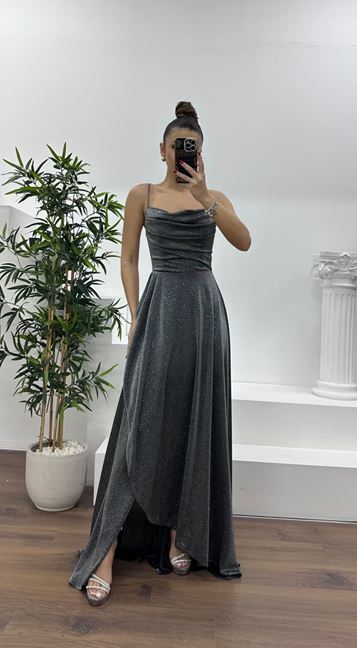 Silver Glittery V-Neck Evening Dress