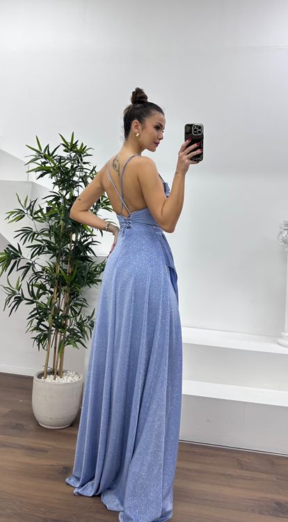 İndigo Simli Degaje Yaka Abiye Elbise