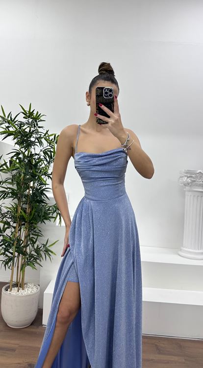 İndigo Simli Degaje Yaka Abiye Elbise