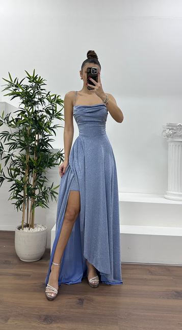 Indigo Glittery V-Neck Evening Dress