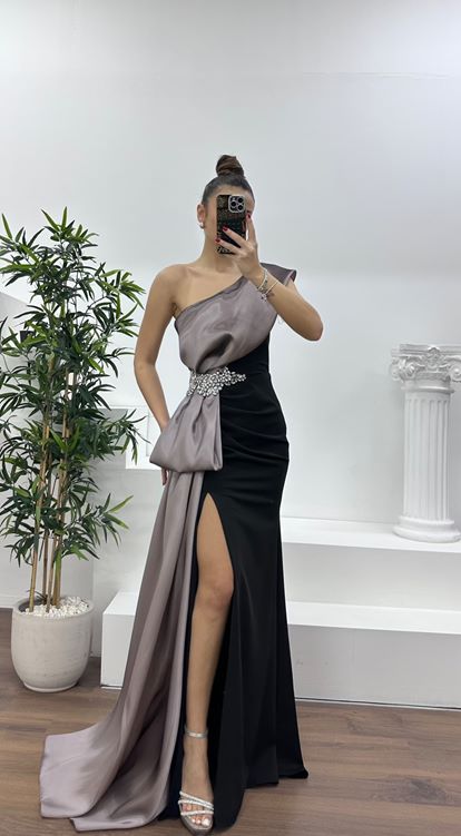 Lila Tek Omuz Taş Detay Abiye Elbise