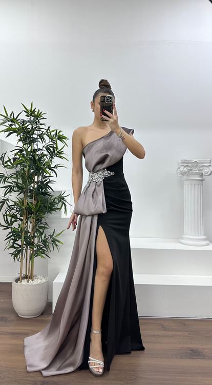 Lila Tek Omuz Taş Detay Abiye Elbise