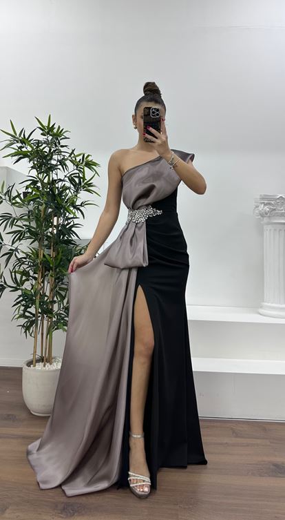 Lila Tek Omuz Taş Detay Abiye Elbise