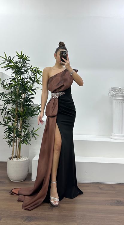 Kahve Tek Omuz Taş Detay Abiye Elbise