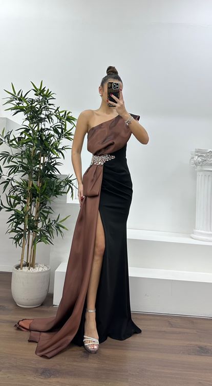 Kahve Tek Omuz Taş Detay Abiye Elbise