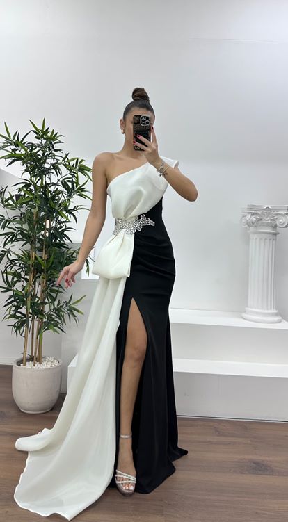 Kemik Tek Omuz Taş Detay Abiye Elbise