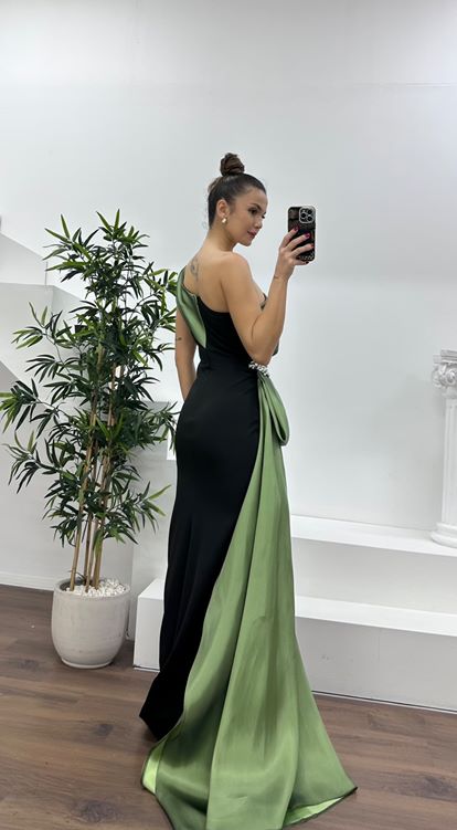 Çağla Tek Omuz Taş Detay Abiye Elbise