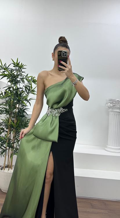 Çağla Tek Omuz Taş Detay Abiye Elbise