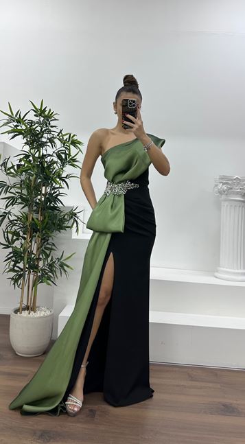 Çağla One Shoulder Stone Detail Evening Dress