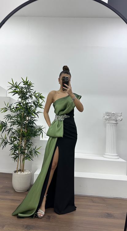 Çağla Tek Omuz Taş Detay Abiye Elbise