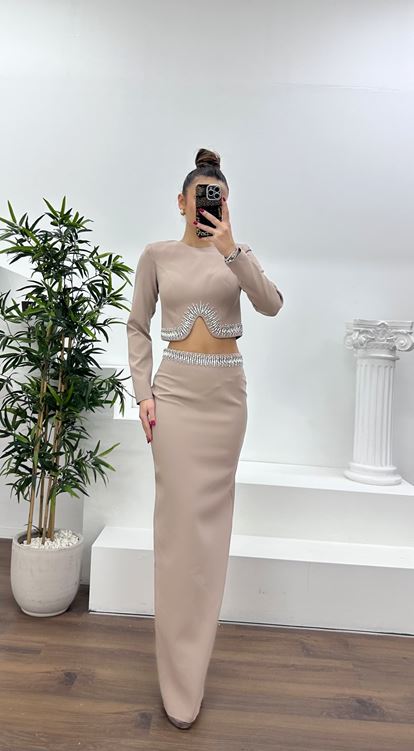 Vizon Beli İşlemeli Abiye Takım